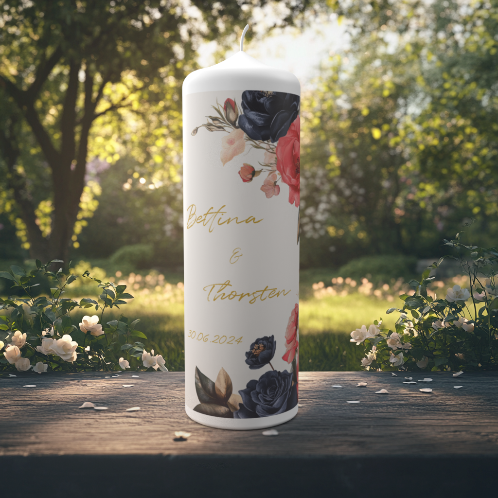 Eine edel gestaltete Hochzeitskerze steht auf einem Holztisch in einem blühenden Garten bei Sonnenuntergang. Die Kerze ist verziert mit floralen Motiven in kräftigen Farben – darunter dunkelblaue und korallenrote Rosen sowie zarte Blätter. In der Mitte stehen die Namen „Bettina & Thorsten“ in goldfarbener Schreibschrift, darunter das Hochzeitsdatum „30.06.2024“. Weiße Rosen und sanftes Sonnenlicht runden die romantische Atmosphäre ab.