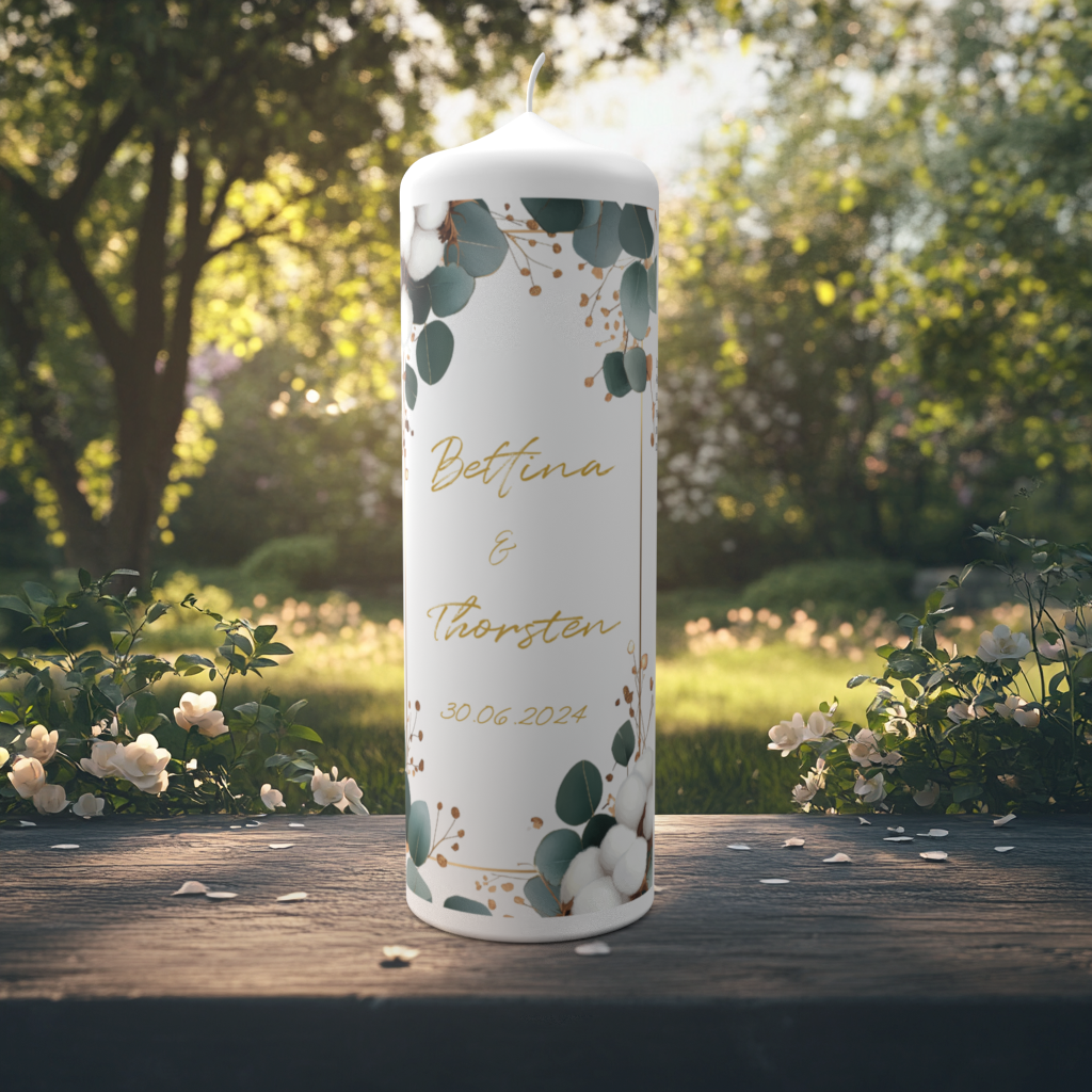 Eine stilvolle Hochzeitskerze steht auf einem Holztisch in einem sonnigen Garten mit weißen Blumen im Hintergrund. Die Kerze ist mit zarten Eukalyptuszweigen, goldenen Beeren und weißen Blüten elegant verziert. In der Mitte sind die Namen „Bettina & Thorsten“ in goldener Schreibschrift zu lesen, darunter das Hochzeitsdatum „30.06.2024“. Die natürliche Gestaltung verleiht der Kerze eine moderne, botanische Note.
