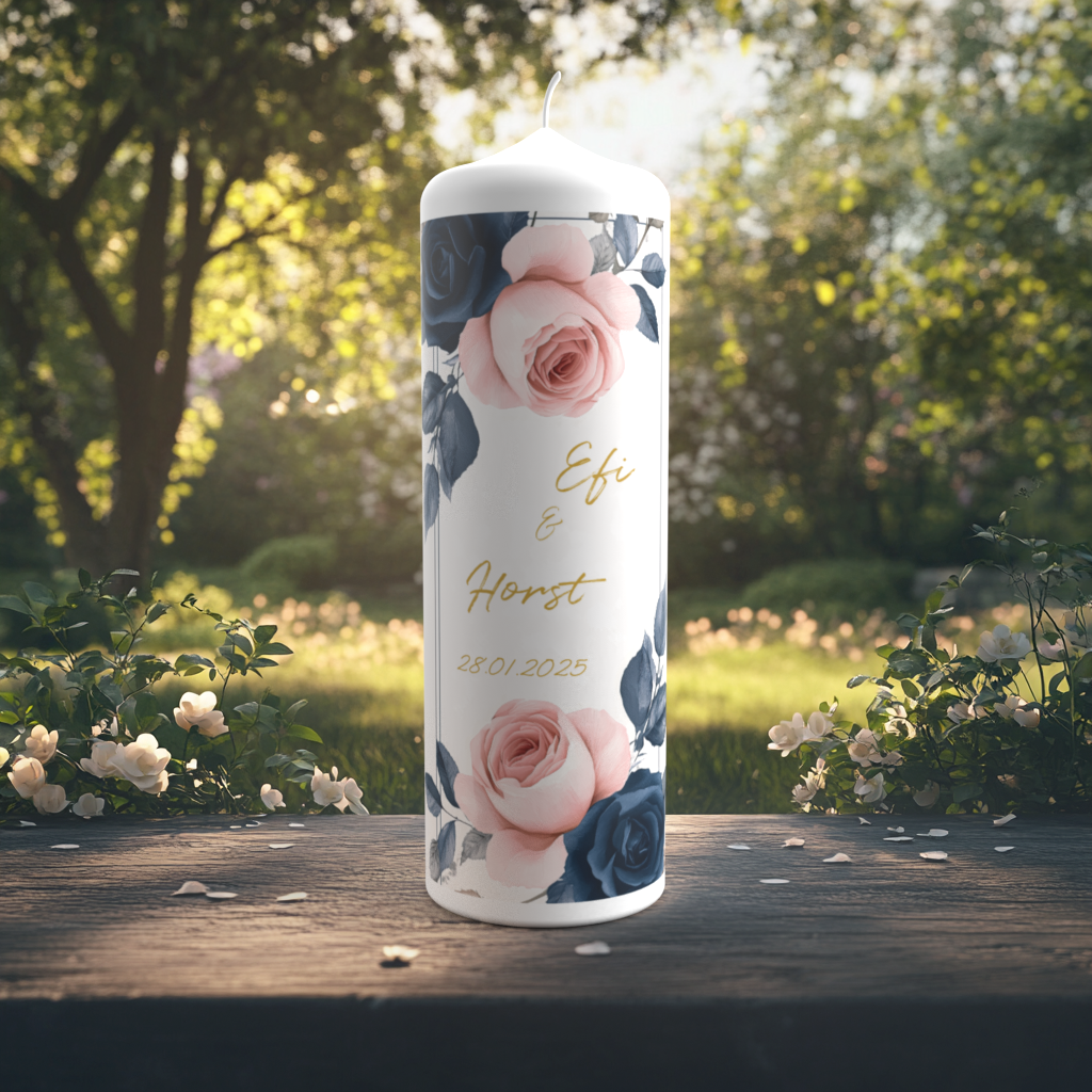 Eine romantische Hochzeitskerze steht auf einem Holztisch im Sonnenlicht eines blühenden Gartens. Das Design der Kerze ist floral geprägt – mit zarten rosafarbenen Rosen, dunklen Blättern und tiefblauen Rosenblüten. In der Mitte stehen die Namen „Efi & Horst“ in goldener Schreibschrift, darunter das Hochzeitsdatum „28.01.2025“. Das Motiv wirkt edel und klassisch mit einem Hauch von Vintage.