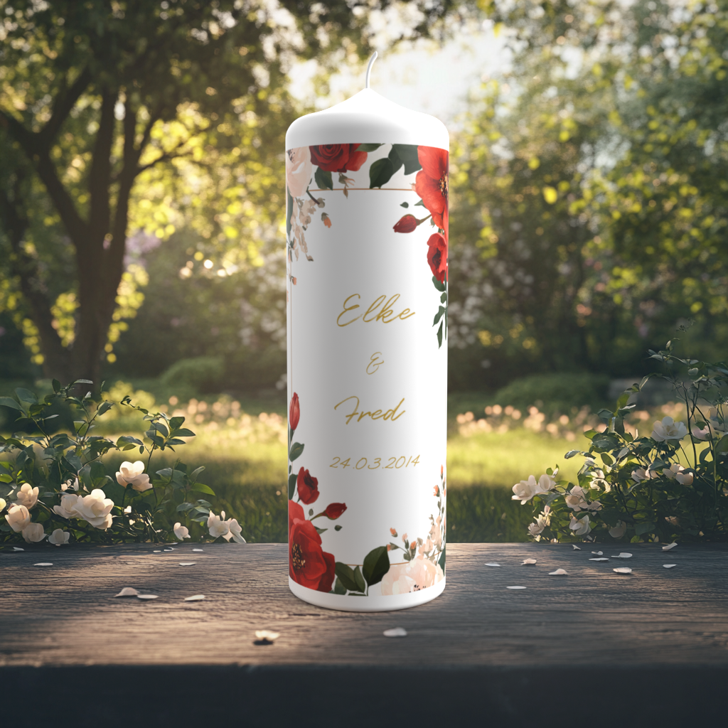 Eine festliche Hochzeitskerze steht auf einem Holztisch im Garten, umgeben von blühenden weißen Sträuchern im weichen Sonnenlicht. Die Kerze ist reich verziert mit roten Rosen, apricotfarbenen Blüten und zarten Blättern, die sich dekorativ um den weißen Hintergrund legen. In der Mitte stehen die Namen „Elke & Fred“ in goldfarbener Schreibschrift sowie das Hochzeitsdatum „24.03.2014“. Das Design wirkt leidenschaftlich, klassisch und romantisch.