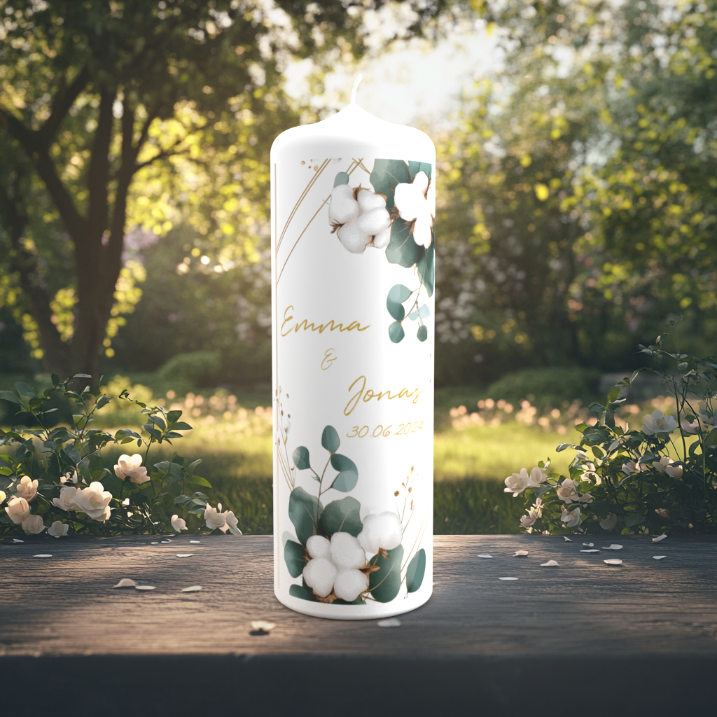 Eine elegante Hochzeitskerze steht auf einem Holztisch in einem sommerlich blühenden Garten. Die Kerze ist verziert mit Eukalyptusblättern, weißen Baumwollblüten und zarten goldenen Linien. In der Mitte sind die Namen „Emma & Jonas“ in goldfarbener Schreibschrift platziert sowie das Hochzeitsdatum „30.06.2024“. Die Szene strahlt Natürlichkeit, Harmonie und festliche Ruhe aus.