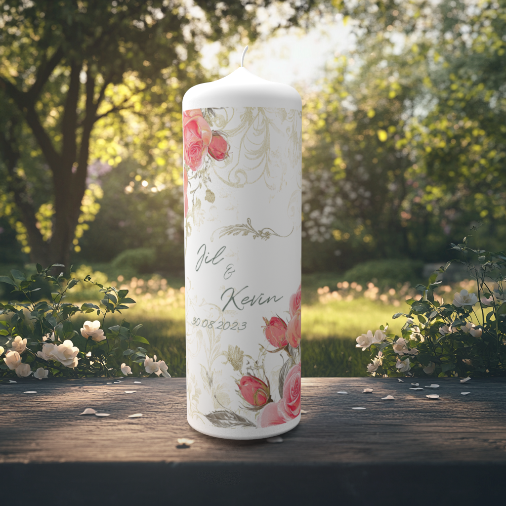 Eine elegant gestaltete Hochzeitskerze steht auf einem Holztisch im Freien, umgeben von blühenden weißen Rosensträuchern bei warmem Sonnenlicht. Die Kerze ist mit floralen Ornamenten und rosafarbenen Rosen verziert. In geschwungener Schrift stehen darauf die Namen „Jil & Kevin“ sowie das Hochzeitsdatum „30.08.2023“.