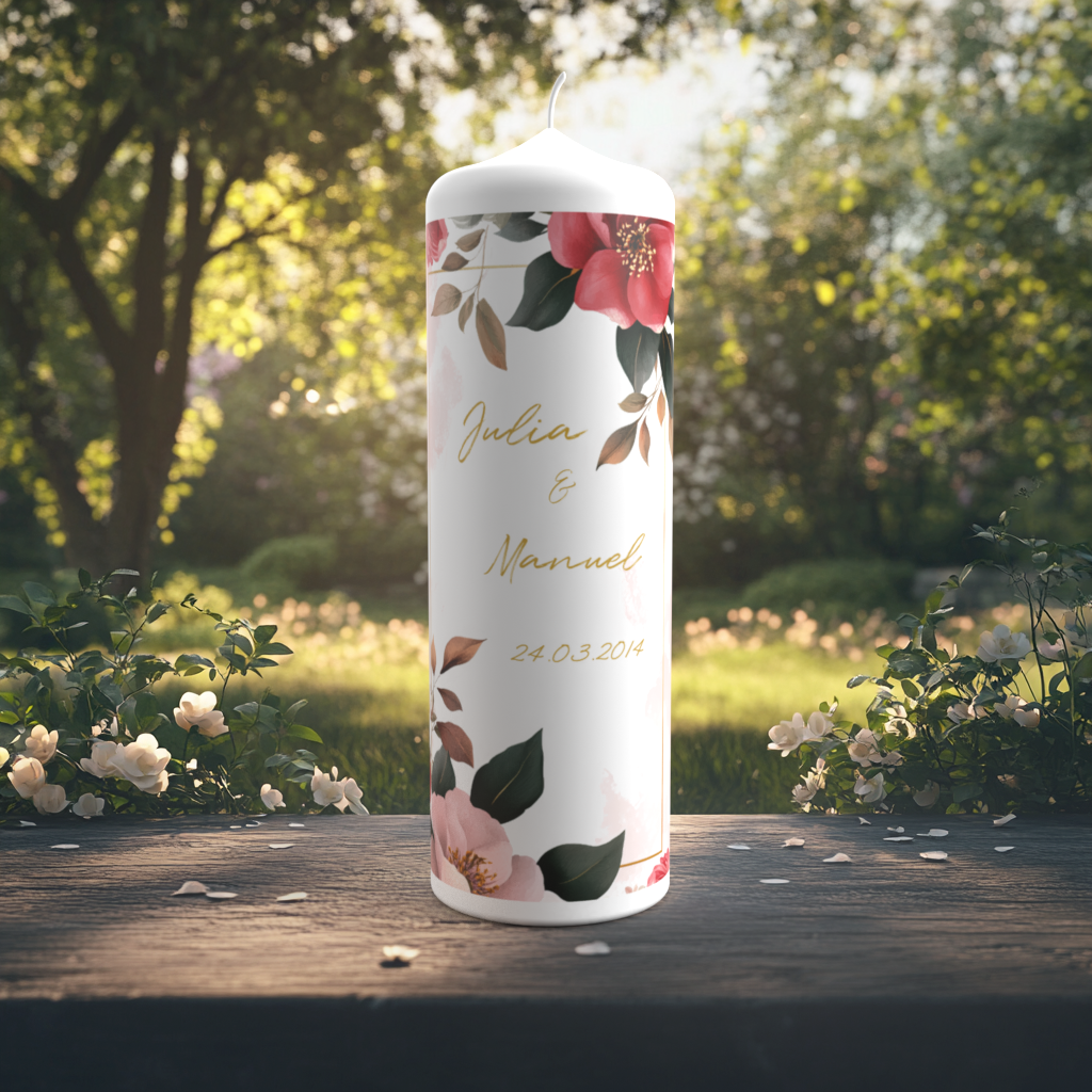 Eine elegante Hochzeitskerze steht auf einem Holztisch im sonnigen Garten mit weiß blühenden Sträuchern im Hintergrund. Die Kerze ist mit floralen Elementen verziert: auffällige rot-pinke Blüten, zarte rosafarbene Blüten und grün-braune Blätter ranken sich um den weißen Hintergrund. In der Mitte stehen die Namen „Julia & Manuel“ in goldfarbener Schreibschrift sowie das Hochzeitsdatum „24.03.2014“. Das Design wirkt warm, harmonisch und festlich.