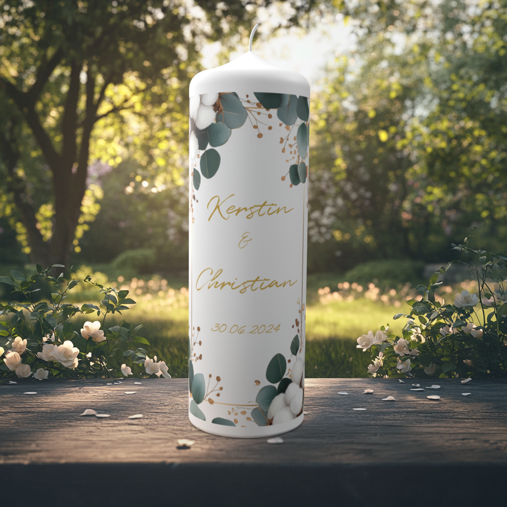 Eine elegante Hochzeitskerze steht auf einem Holztisch in einem sonnendurchfluteten Garten mit weißen Rosen im Hintergrund. Die Kerze ist mit zarten Eukalyptuszweigen, goldfarbenen Beeren und weißen Blüten stilvoll verziert. In der Mitte stehen die Namen „Kerstin & Christian“ in goldener Schreibschrift sowie das Hochzeitsdatum „30.06.2024“. Die Szene wirkt romantisch und natürlich.