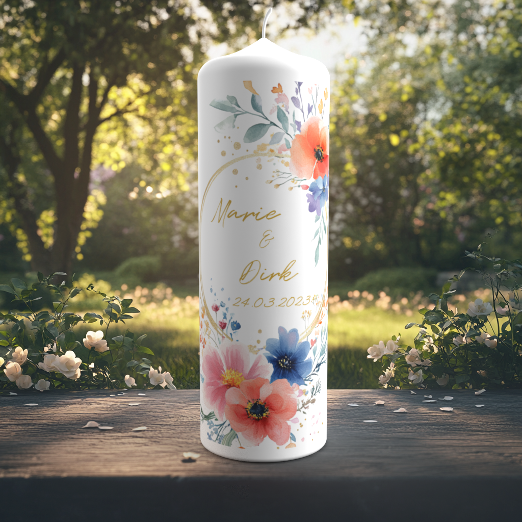 Eine farbenfrohe Hochzeitskerze steht auf einem Holztisch in einem sommerlich blühenden Garten. Das Design zeigt ein florales Aquarellmotiv mit Mohnblumen, blauen Kornblumen, Eukalyptus und weiteren zarten Blättern in fröhlichen Farben. In der Mitte stehen die Namen „Marie & Dirk“ in goldfarbener Schreibschrift sowie das Hochzeitsdatum „24.03.2023“. Goldene Sprenkel und ein geschwungener Halbkreis verleihen der Kerze eine verspielte, festliche Eleganz.