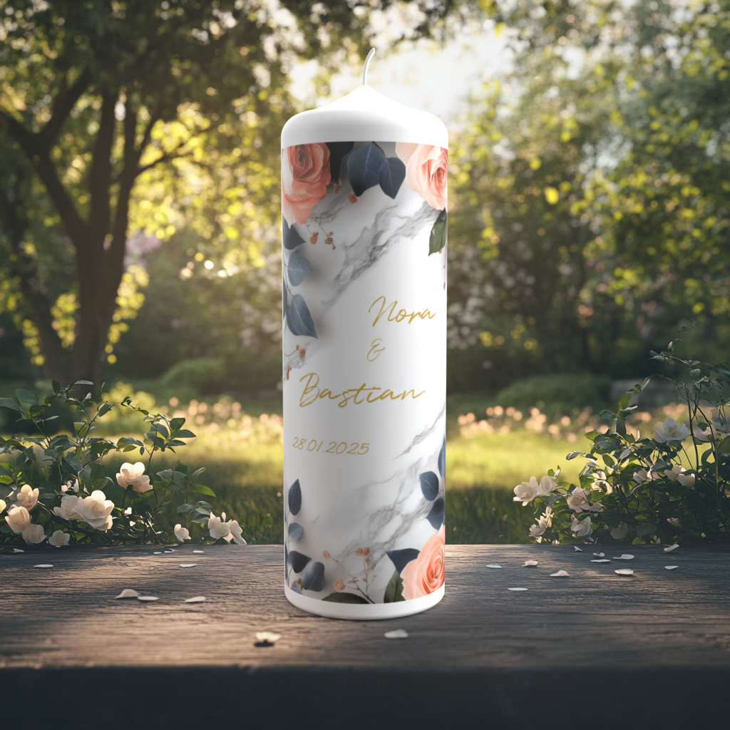 Eine elegante Hochzeitskerze steht auf einem Holztisch in einem blühenden Garten bei sanftem Sonnenlicht. Das Design kombiniert einen edlen Marmorhintergrund mit floralen Elementen: roséfarbene Rosen, dunkelblaue Blätter und feine Zweige. In der Mitte stehen die Namen „Nora & Bastian“ in goldener Schreibschrift, darunter das Hochzeitsdatum „28.01.2025“. Die Kerze wirkt modern, stilvoll und hochwertig.