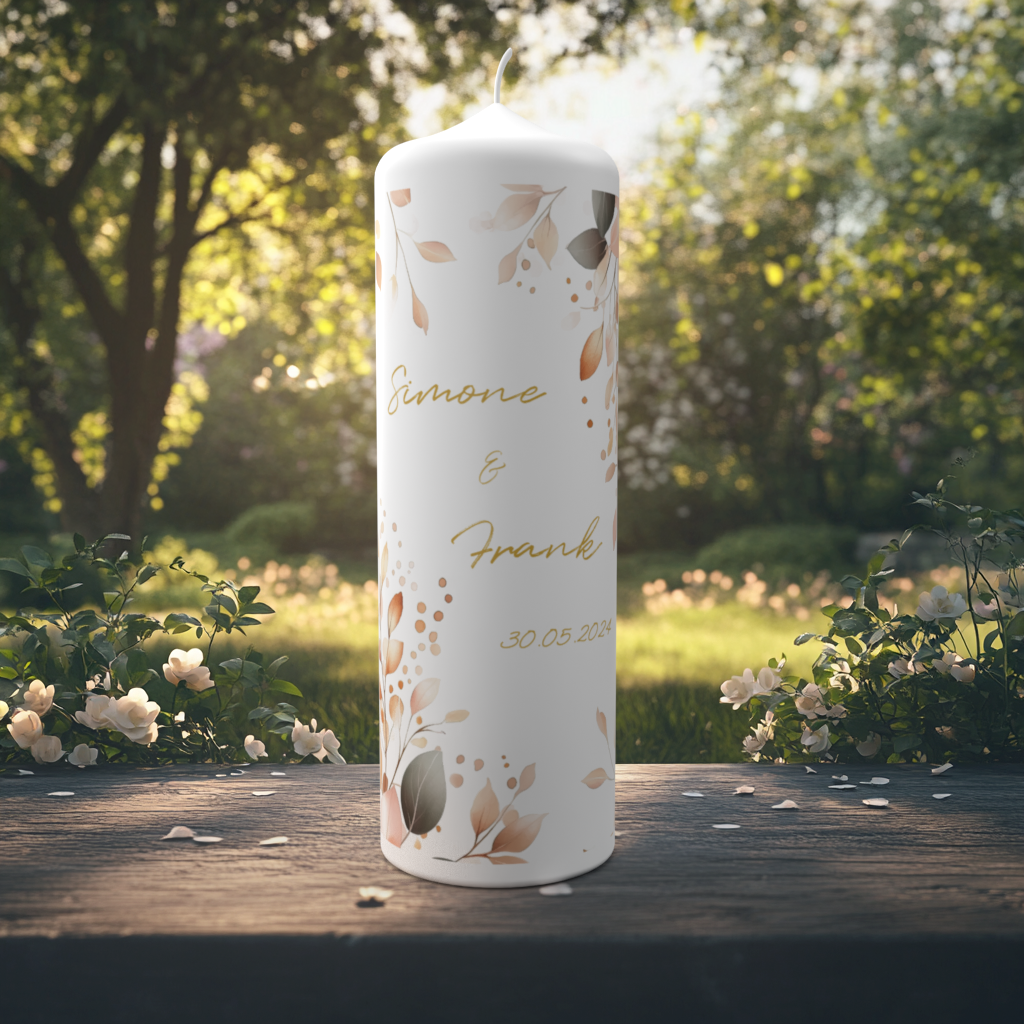 Eine elegante weiße Hochzeitskerze steht auf einem Holztisch im Grünen bei Sonnenlicht. Sie ist mit einem zarten botanischen Muster aus goldenen, roségoldenen und kupferfarbenen Blättern sowie feinen Punkten verziert. In der Mitte sind die Namen „Simone & Frank“ in goldfarbener Schrift geschrieben, darunter das Hochzeitsdatum „30.05.2024“. Im Hintergrund blühen weiße Rosenbüsche in einer ruhigen Gartenlandschaft.