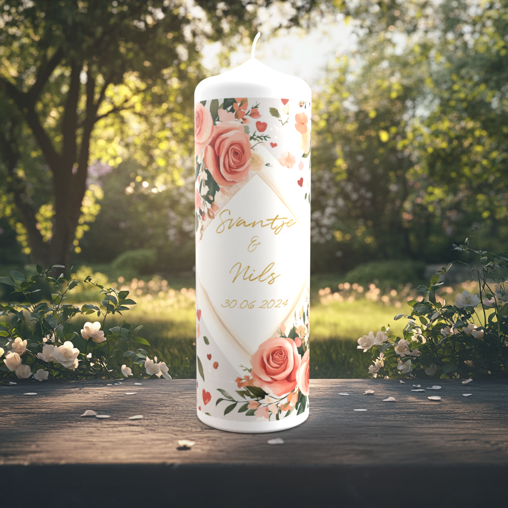 Eine festlich dekorierte Hochzeitskerze steht auf einem Holztisch in einem sonnigen Garten mit weiß blühenden Sträuchern. Die Kerze ist reich verziert mit floralen Elementen: rosafarbene und pfirsichfarbene Rosen, kleine Blätter und zarte Herzen umrahmen ein zentrales Rautenelement. In dessen Mitte stehen die Namen „Svantje & Nils“ in goldfarbener Schreibschrift sowie das Hochzeitsdatum „30.06.2024“. Das Design ist romantisch, lebendig und verspielt.