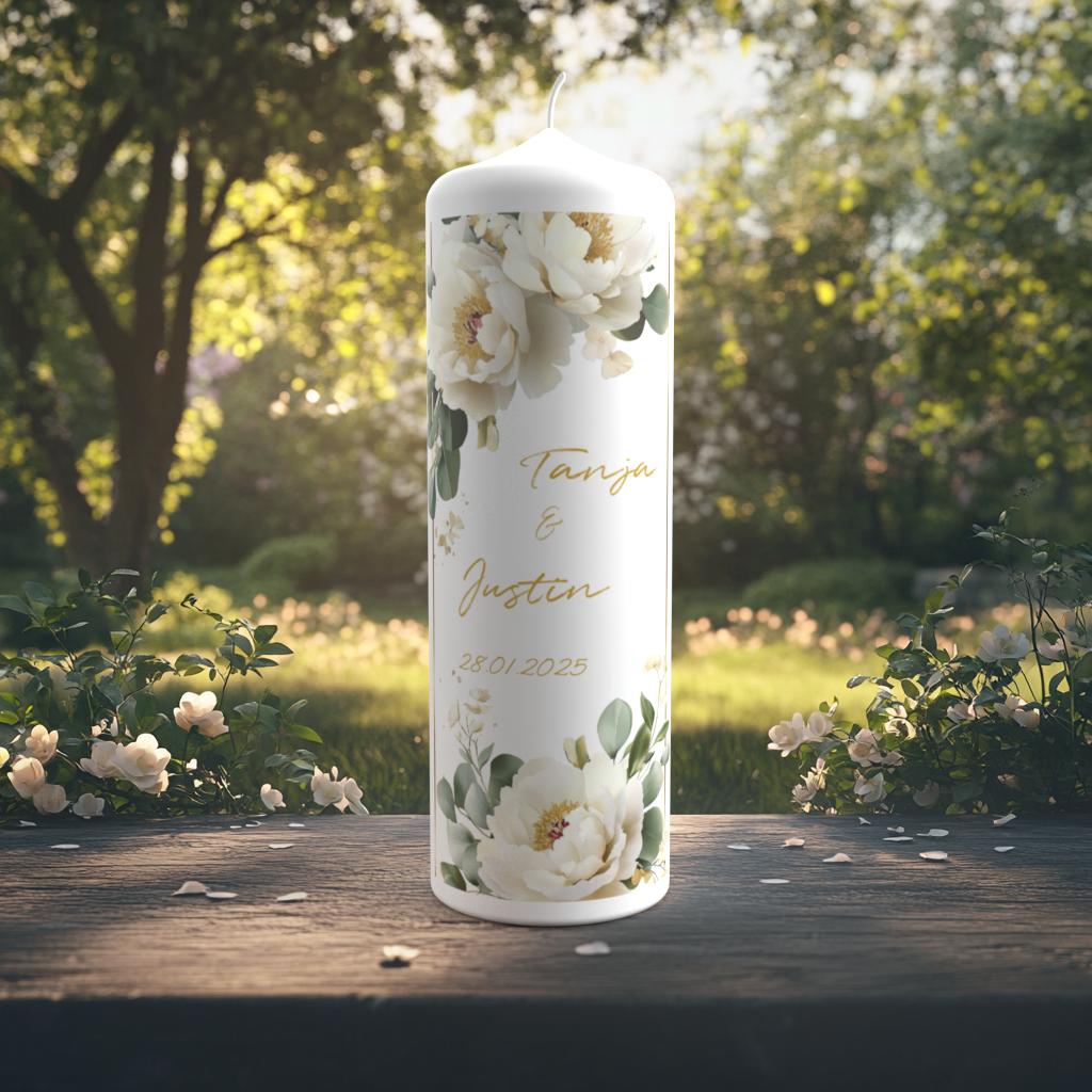 Eine stilvolle Hochzeitskerze steht auf einem Holztisch in einem sonnigen Garten mit weißen Blütensträuchern im Hintergrund. Die Kerze ist verziert mit üppigen, cremeweißen Pfingstrosen, grünen Eukalyptusblättern und zarten goldenen Akzenten. In der Mitte stehen die Namen „Tanja & Justin“ in goldfarbener Schreibschrift sowie das Hochzeitsdatum „28.01.2025“. Das Design ist elegant, naturverbunden und feierlich zugleich.