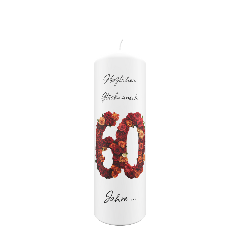 Weiße Jubiläumskerze mit roter Zahl 60 aus Rosen und Aufschrift „Herzlichen Glückwunsch – 60 Jahre …“, ideal als Geschenk zum 60. Geburtstag