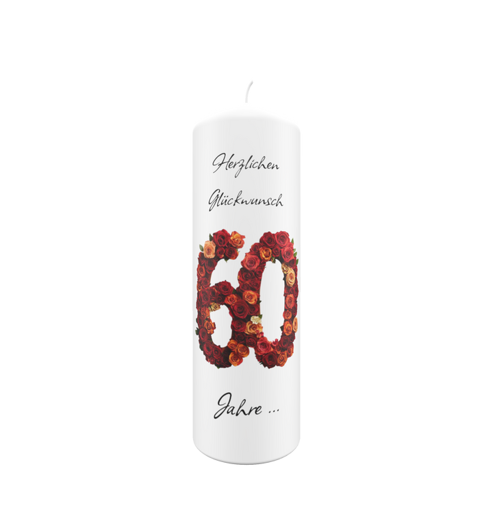 Weiße Jubiläumskerze mit roter Zahl 60 aus Rosen und Aufschrift „Herzlichen Glückwunsch – 60 Jahre …“, ideal als Geschenk zum 60. Geburtstag