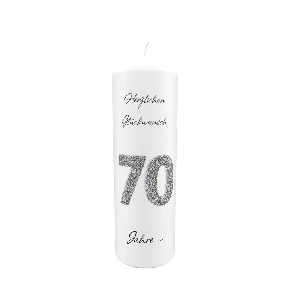 Weiße Jubiläumskerze mit silberner Zahl 70 in Glitzeroptik und Aufschrift „Herzlichen Glückwunsch – 70 Jahre …“, ideal für feierliche Jubiläen