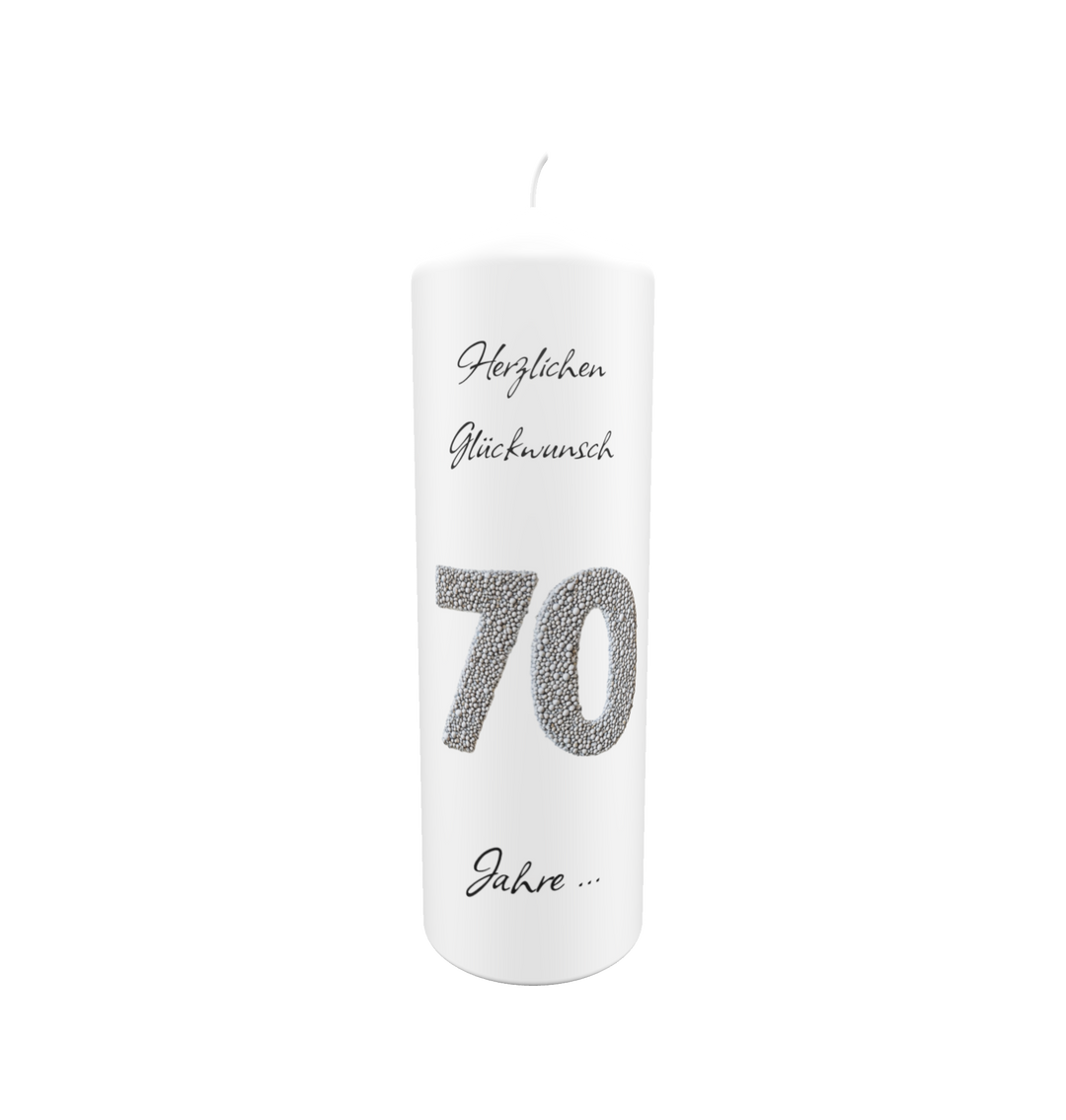 Weiße Jubiläumskerze mit silberner Zahl 70 in Glitzeroptik und Aufschrift „Herzlichen Glückwunsch – 70 Jahre …“, ideal für feierliche Jubiläen