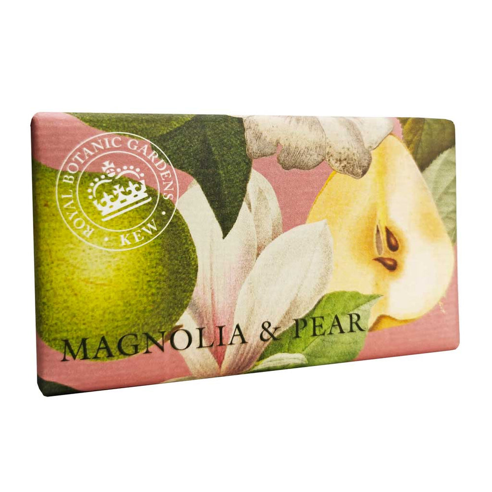 “Seifendose mit botanischem Design aus Magnolienblüten und Birnen, Aufschrift: Magnolia & Pear.”