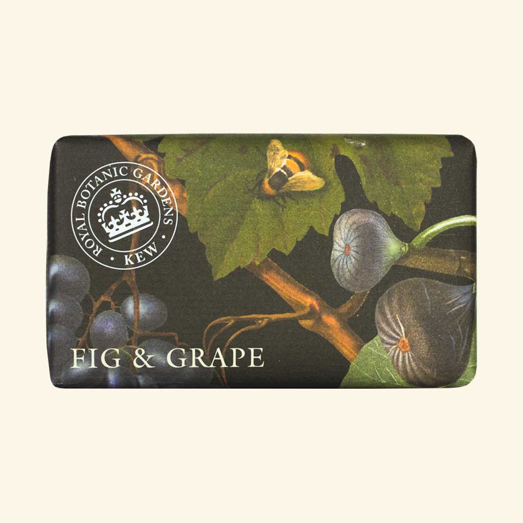 “Seifendose mit botanischem Motiv aus Feigen, Weintrauben und Blättern, Aufschrift: Fig & Grape.”