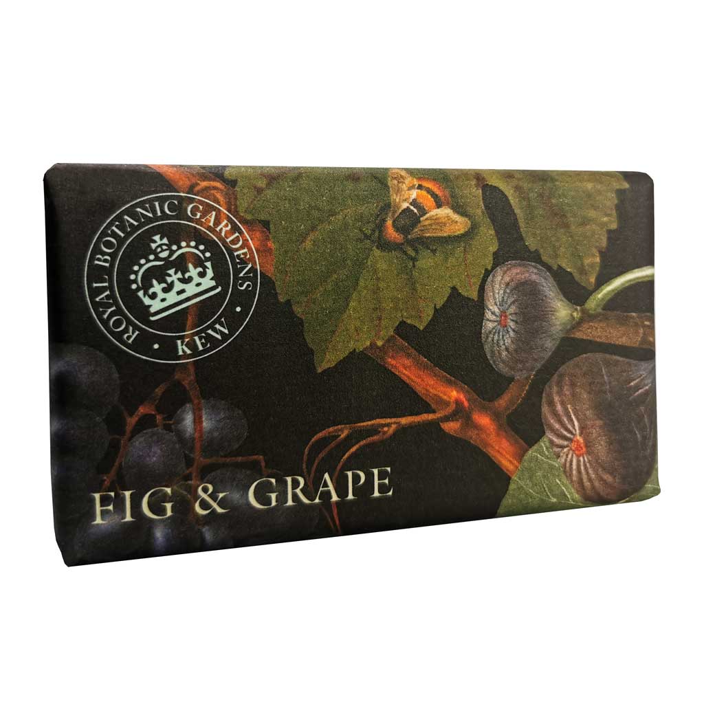 “Seifendose mit botanischem Motiv aus Feigen, Weintrauben und Blättern, Aufschrift: Fig & Grape.”