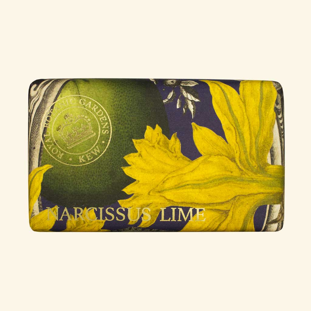 “Seifendose mit gelben Narzissen, grüner Limette und botanischem Design, Aufschrift: Narcissus Lime.”