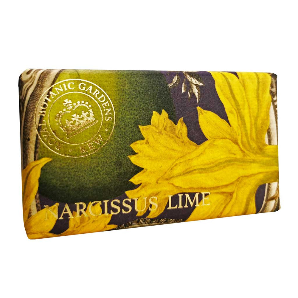 “Seifendose mit gelben Narzissen, grüner Limette und botanischem Design, Aufschrift: Narcissus Lime.”
