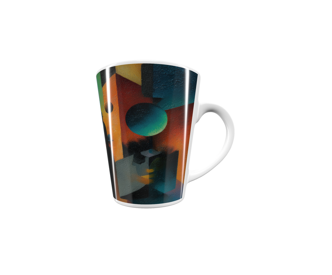 „Latte-Tasse konisch mit Kunstmotiv: Menschenmenge in Hüten in einer farbigen, geometrisch-abstrakten Stadtlandschaft“