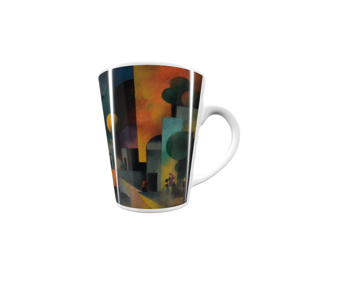 „Latte-Tasse konisch mit Kunstmotiv: Kubistische Stadtlandschaft mit bunten geometrischen Flächen, Figuren und Bäumen“