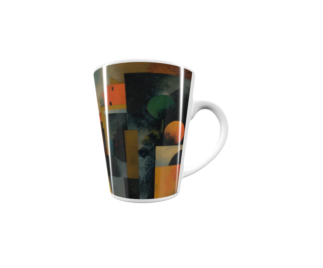 „Latte-Tasse konisch mit Kunstmotiv: Kubistische Stadtlandschaft mit Brücke, Häusern, Bäumen und Figuren in kräftigen Farben“