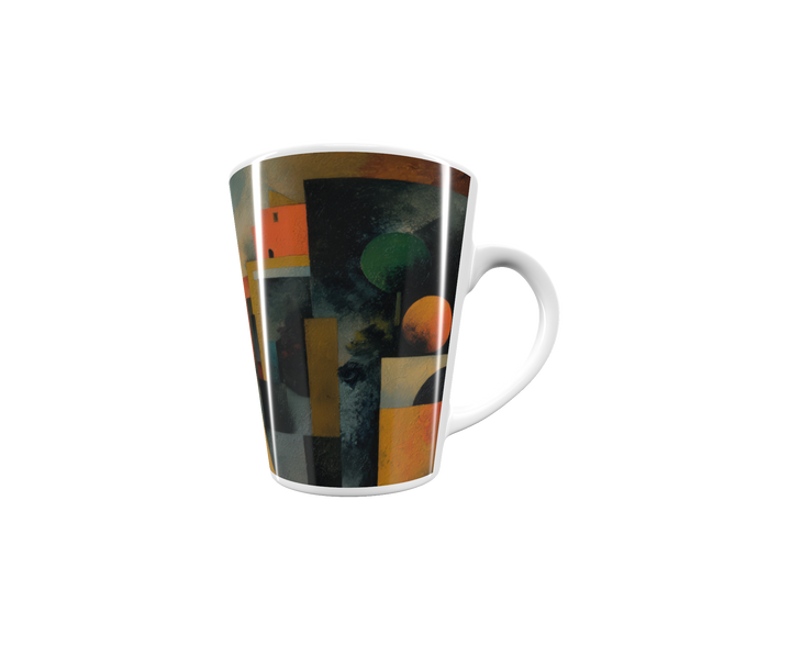 „Latte-Tasse konisch mit Kunstmotiv: Kubistische Stadtlandschaft mit Brücke, Häusern, Bäumen und Figuren in kräftigen Farben“