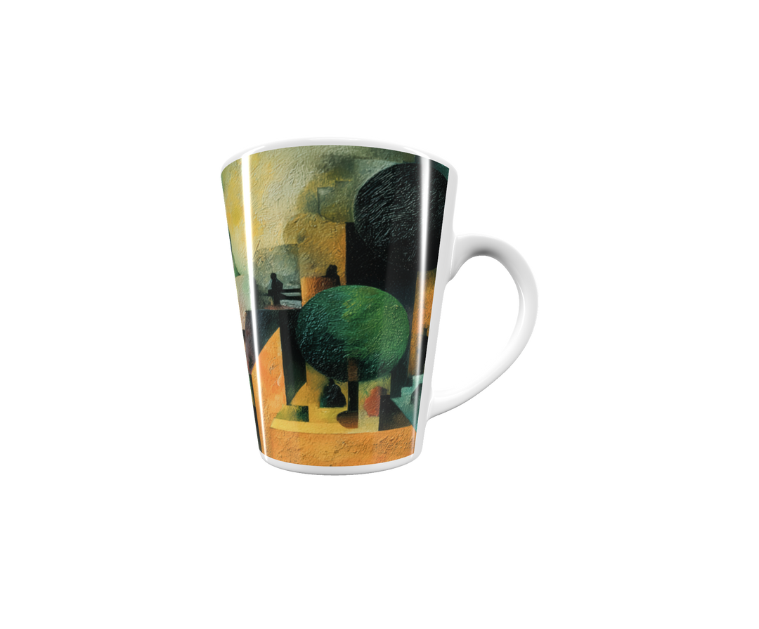 „Latte-Tasse konisch mit Kunstmotiv: Kubistische mediterrane Stadtlandschaft in Gelb, Orange und Grün mit Figuren und Bäumen“