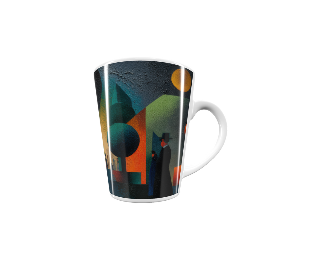 „Latte-Tasse konisch mit Kunstmotiv: Kubistische Promenade mit Spaziergängern, Häusern und farbigen Bäumen in Gelb, Orange und Grün“