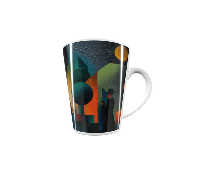 „Latte-Tasse konisch mit Kunstmotiv: Kubistische Promenade mit Spaziergängern, Häusern und farbigen Bäumen in Gelb, Orange und Grün“
