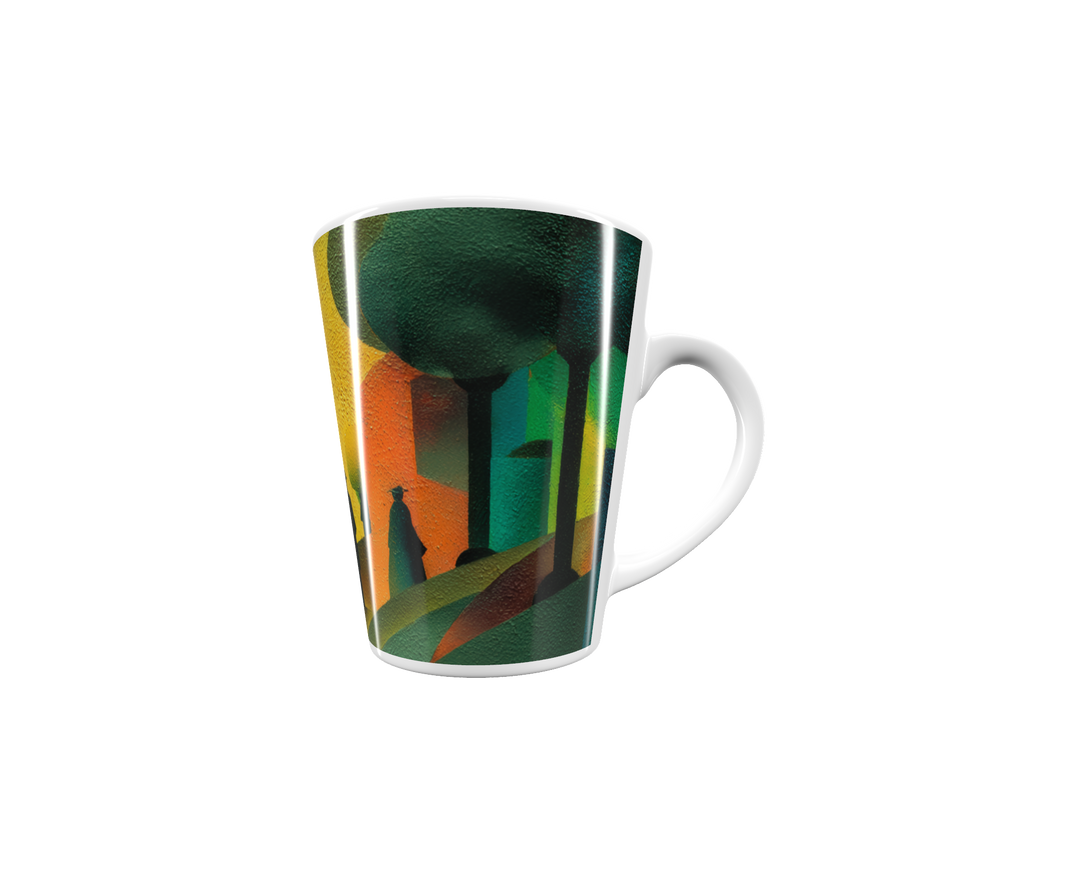 „Latte-Tasse konisch mit Kunstmotiv: Kubistische Parkszene mit Spaziergängern, geometrischen Bäumen und warmen Farben in Gelb, Grün und Orange“