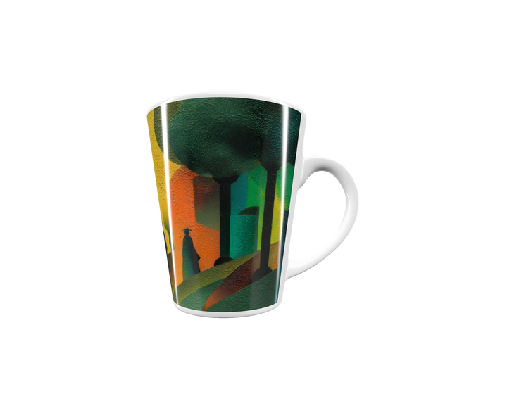 „Latte-Tasse konisch mit Kunstmotiv: Kubistische Parkszene mit Spaziergängern, geometrischen Bäumen und warmen Farben in Gelb, Grün und Orange“