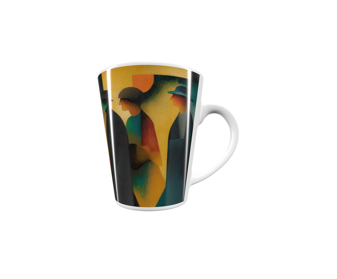 „Latte-Tasse konisch mit Kunstmotiv: Kubistische Straßenszene mit Figuren in Hüten, geometrischen Formen und Farbakzenten in Gelb, Orange, Türkis und Schwarz“