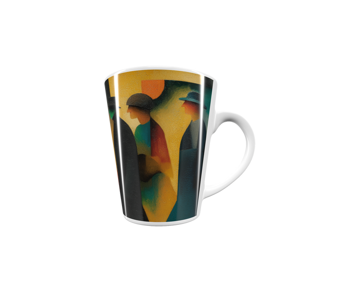 „Latte-Tasse konisch mit Kunstmotiv: Kubistische Straßenszene mit Figuren in Hüten, geometrischen Formen und Farbakzenten in Gelb, Orange, Türkis und Schwarz“