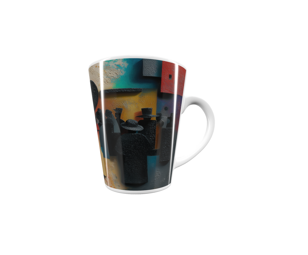„Latte-Tasse konisch mit Kunstmotiv: Abstrahierte Menschenmenge in schwarzen Silhouetten, kontrastiert durch geometrische Formen in Rot, Gelb, Blau und Türkis“