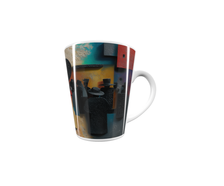 „Latte-Tasse konisch mit Kunstmotiv: Abstrahierte Menschenmenge in schwarzen Silhouetten, kontrastiert durch geometrische Formen in Rot, Gelb, Blau und Türkis“