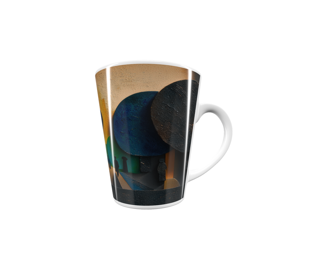„Latte-Tasse konisch mit Kunstmotiv: Abstrakte Allee mit großen runden Baumformen in Rot, Blau und Grün, Menschen als schwarze Silhouetten“