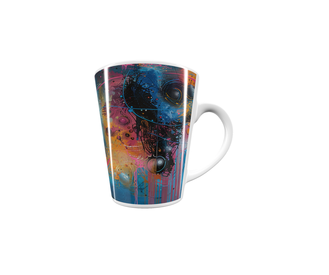 „Latte-Tasse konisch mit surrealem Portrait-Motiv in Blau, Orange und Pink, inspiriert von kosmischer Kunst und Street-Art“