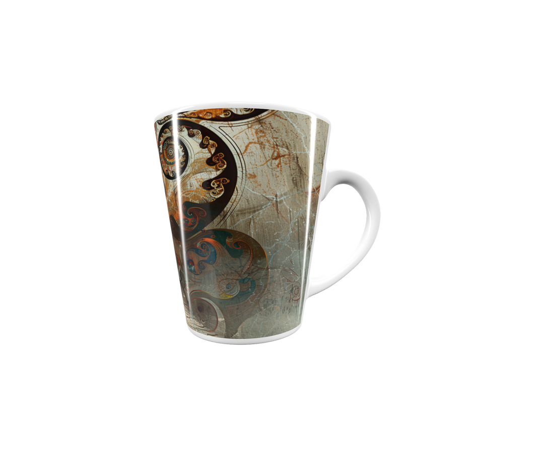 „Latte-Tasse konisch mit Kunstmotiv: Frau im blauen Kleid in surrealer Szene, großes Gesicht mit geschlossenen Augen und ornamentalen Spiralen“