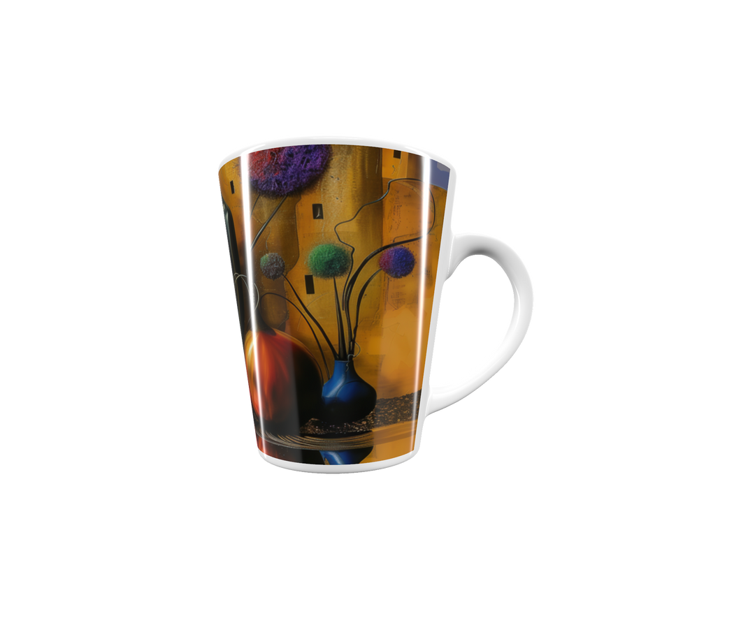 „Latte-Tasse konisch mit Kunstmotiv: Abstrakte Frauenfigur zwischen farbigen Vasen und kugelförmigen Blüten auf goldenem Hintergrund“