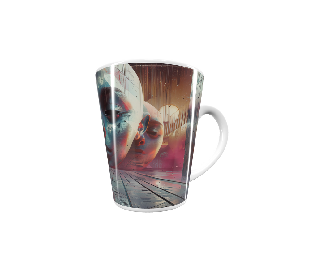 „Latte-Tasse konisch mit Kunstmotiv: Futuristische Landschaft mit gigantischen Gesichtern, Kugel und kosmischen Farben in Rosa und Blau“