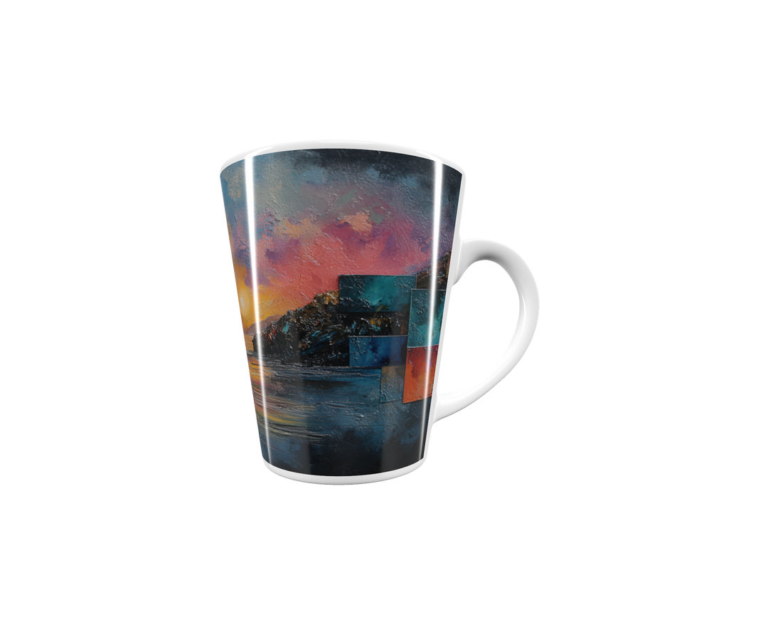 „Latte-Tasse konisch mit Kunstmotiv: Sonnenuntergang über Wasser in kräftigen Farben, abstrakte Farbflächen in der Landschaft integriert“