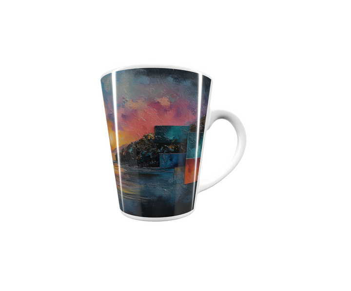 „Latte-Tasse konisch mit Kunstmotiv: Sonnenuntergang über Wasser in kräftigen Farben, abstrakte Farbflächen in der Landschaft integriert“