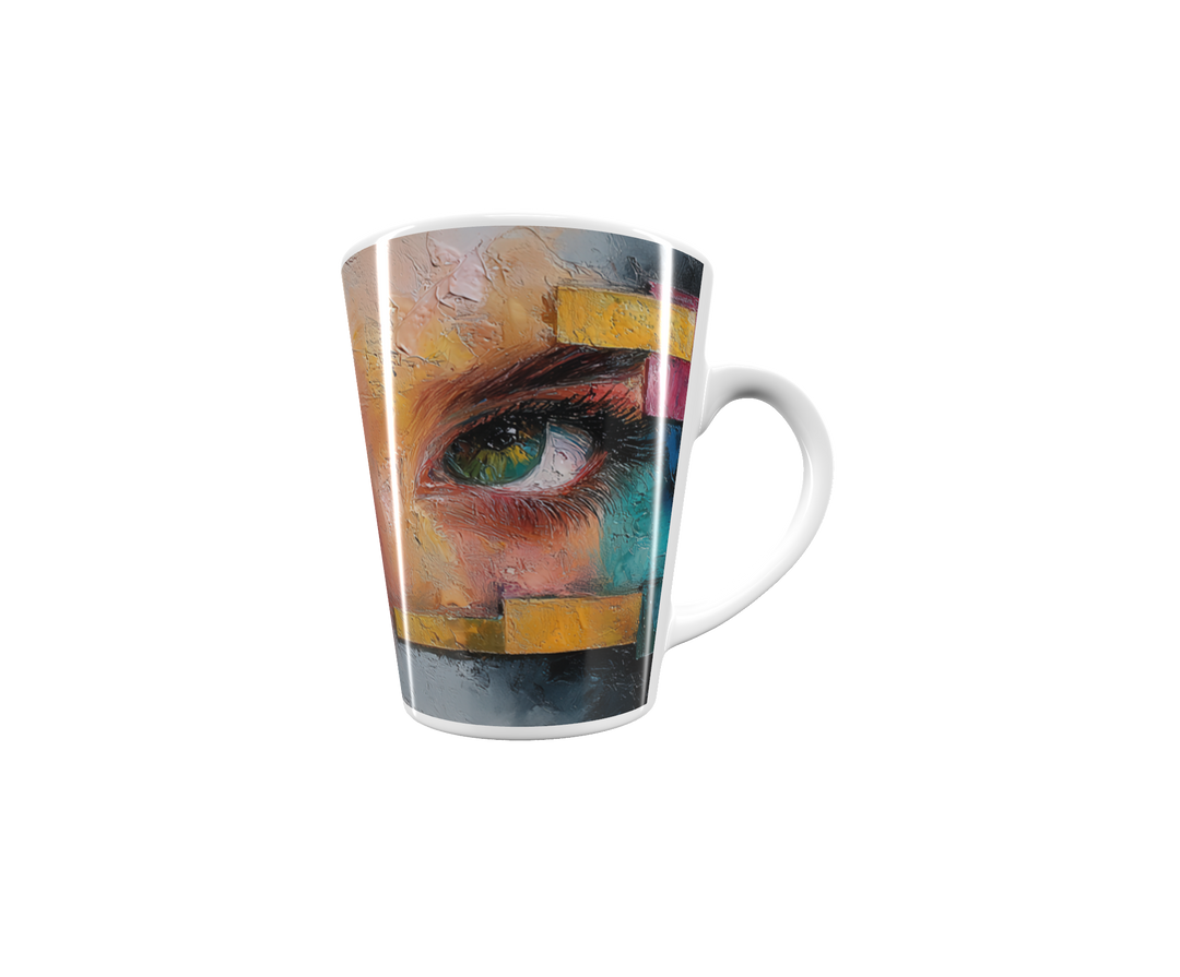 „Latte-Tasse konisch mit Kunstmotiv: Intensiver Blick grüner Augen, abstrakte Farbflächen in kräftigen Tönen ergänzen das Porträt“