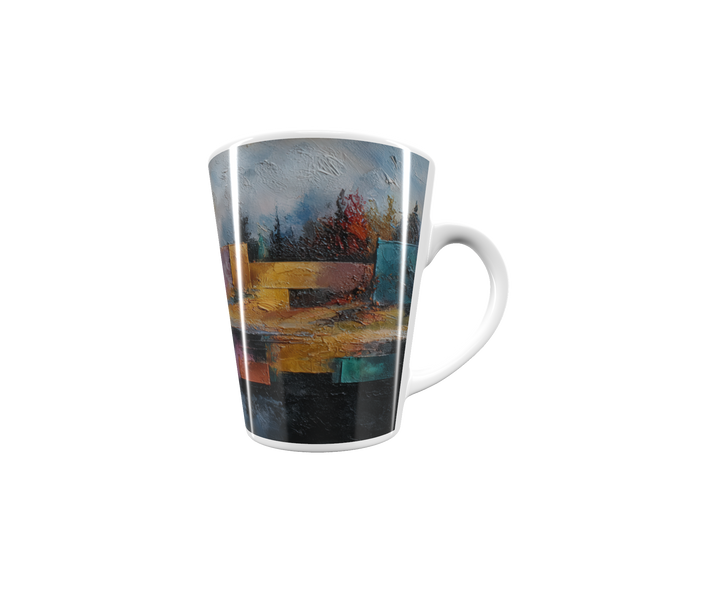 „Latte-Tasse konisch mit Kunstmotiv: Uferlandschaft mit See und Bäumen, Spiegelung kombiniert mit abstrakten Farbflächen in Rot, Gelb, Violett und Türkis“
