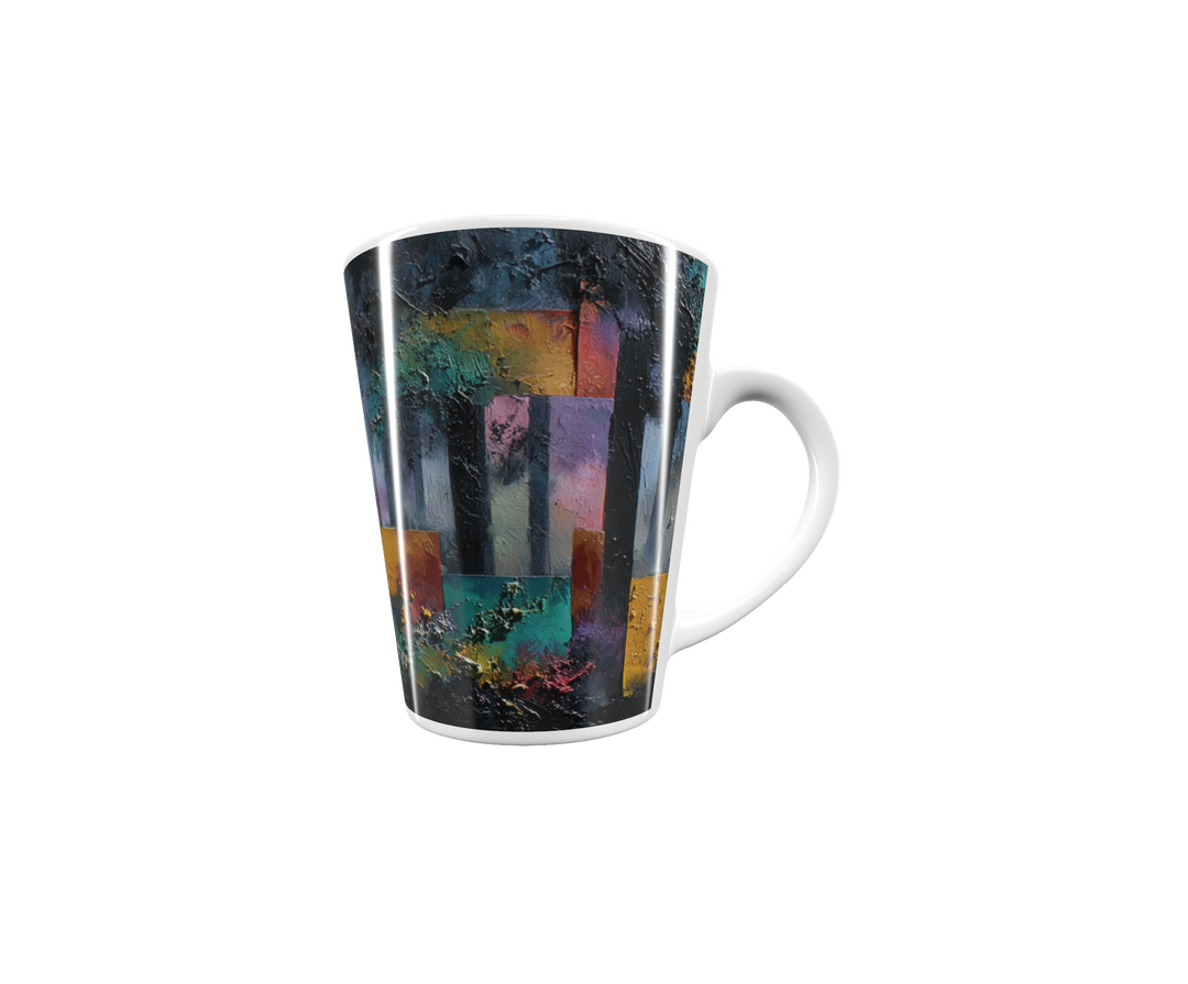 „Latte-Tasse konisch mit Kunstmotiv: Abstrakter Wald, Lichtdurchbruch in Gelb und Weiß, geometrische Farbflächen in kräftigen Tönen ergänzen die Szene“
