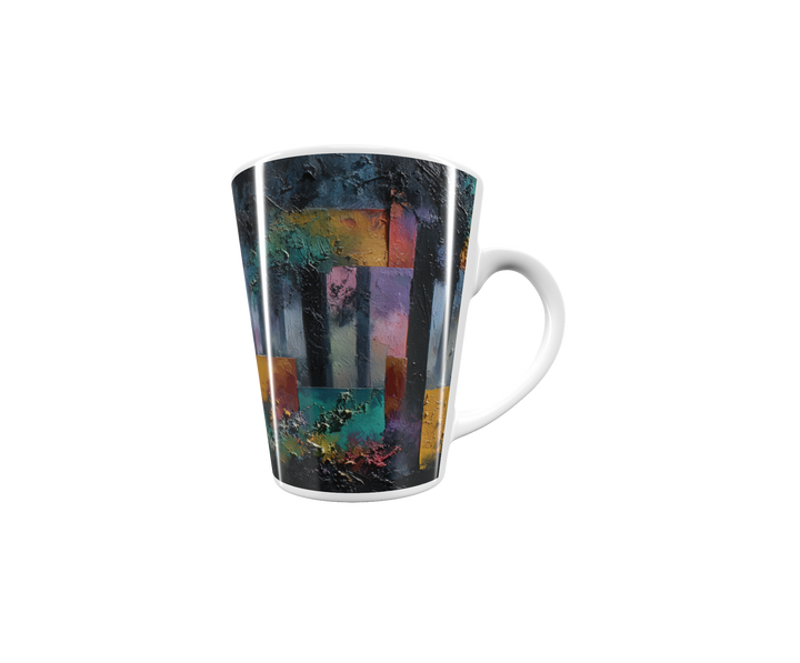 „Latte-Tasse konisch mit Kunstmotiv: Abstrakter Wald, Lichtdurchbruch in Gelb und Weiß, geometrische Farbflächen in kräftigen Tönen ergänzen die Szene“