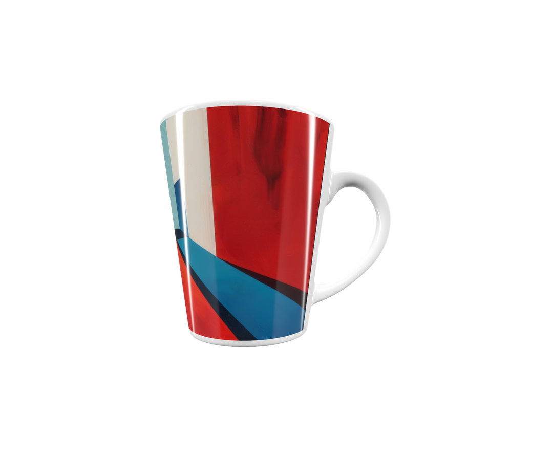 „Latte-Tasse konisch mit abstraktem Motiv: Geometrische Farbflächen in Rot, Blau, Weiß und Hellblau, perspektivisch wie ein moderner Raum“
