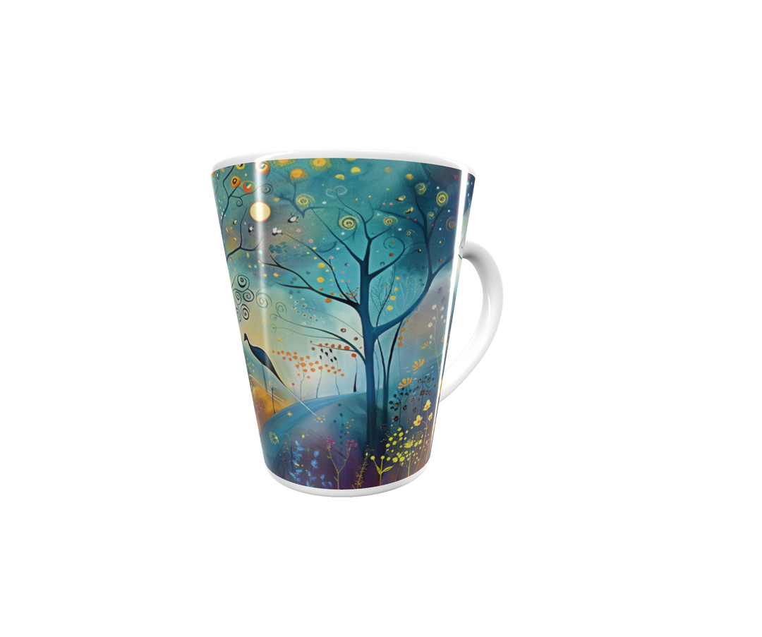 „Latte-Tasse konisch mit fantasievollem Waldmotiv, bunten Spiralen in Baumkronen, Blumen und Vogel in kräftigen Farben“