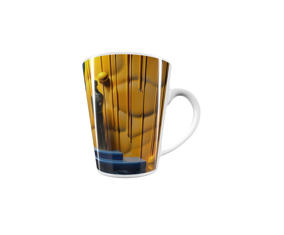 „Latte-Tasse konisch mit abstraktem Motiv in Blau und Gold, Skulpturartige Figur inmitten fließender Farbflächen“
