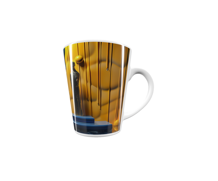 „Latte-Tasse konisch mit abstraktem Motiv in Blau und Gold, Skulpturartige Figur inmitten fließender Farbflächen“